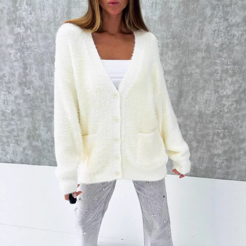 Women's Fluffy Button-Down Cardigan with Loose Fit