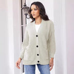 Women's Chunky Knit Cardigan with Practical Pockets and Elegant Button Details