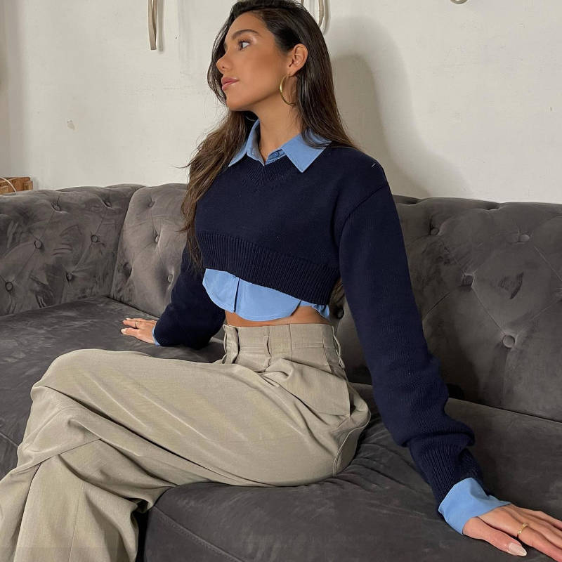 Women's Cropped Pullover with V-Neck and Long Sleeves