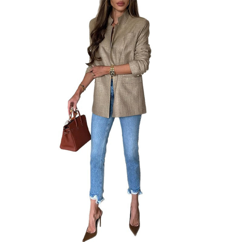 Women's Elegant Blazer Jacket with Textured Surface and Modern Details