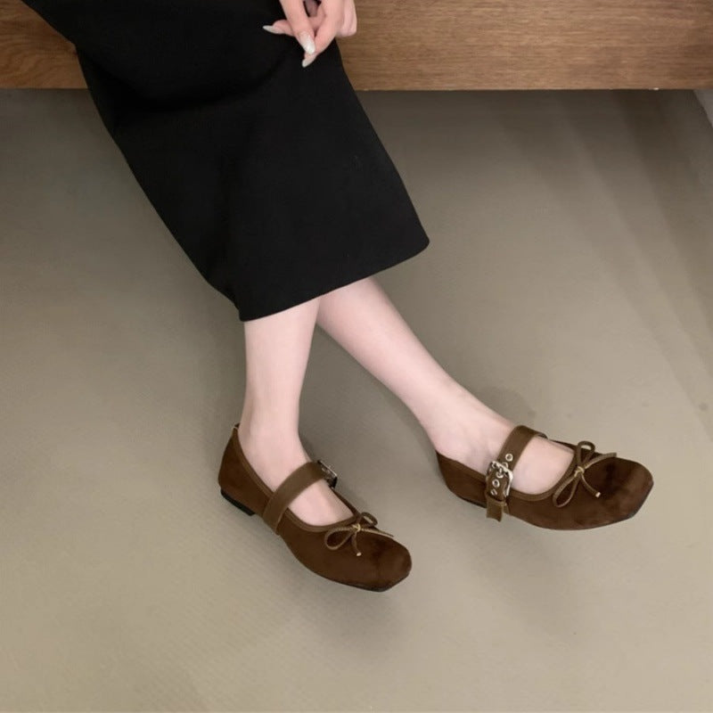 Women's Soft Suede Ballet Flats with Adjustable Strap and Decorative Bow