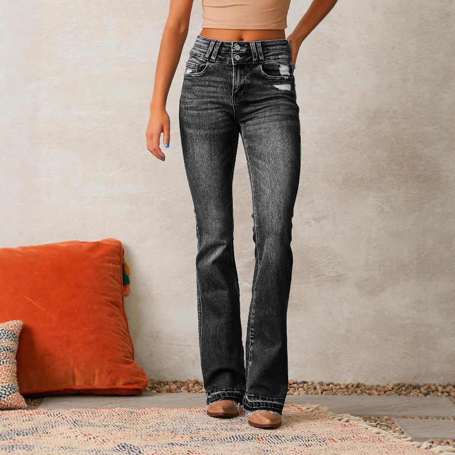 Women's Flared Jeans with High Waist and Distressed Details