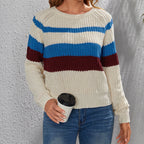 Women's Cotton Pullover with Modern Block Stripes and Crew Neck