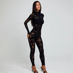Women's Form-Fitting Mesh Jumpsuit with Long Sleeves and High Neck