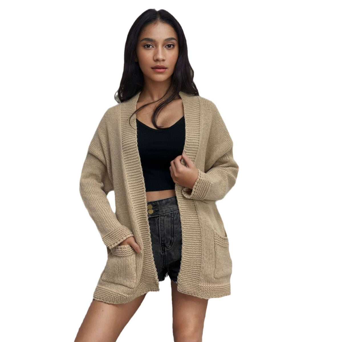 Women's Chunky Knit Cardigan with Practical Cut and Oversized Fit