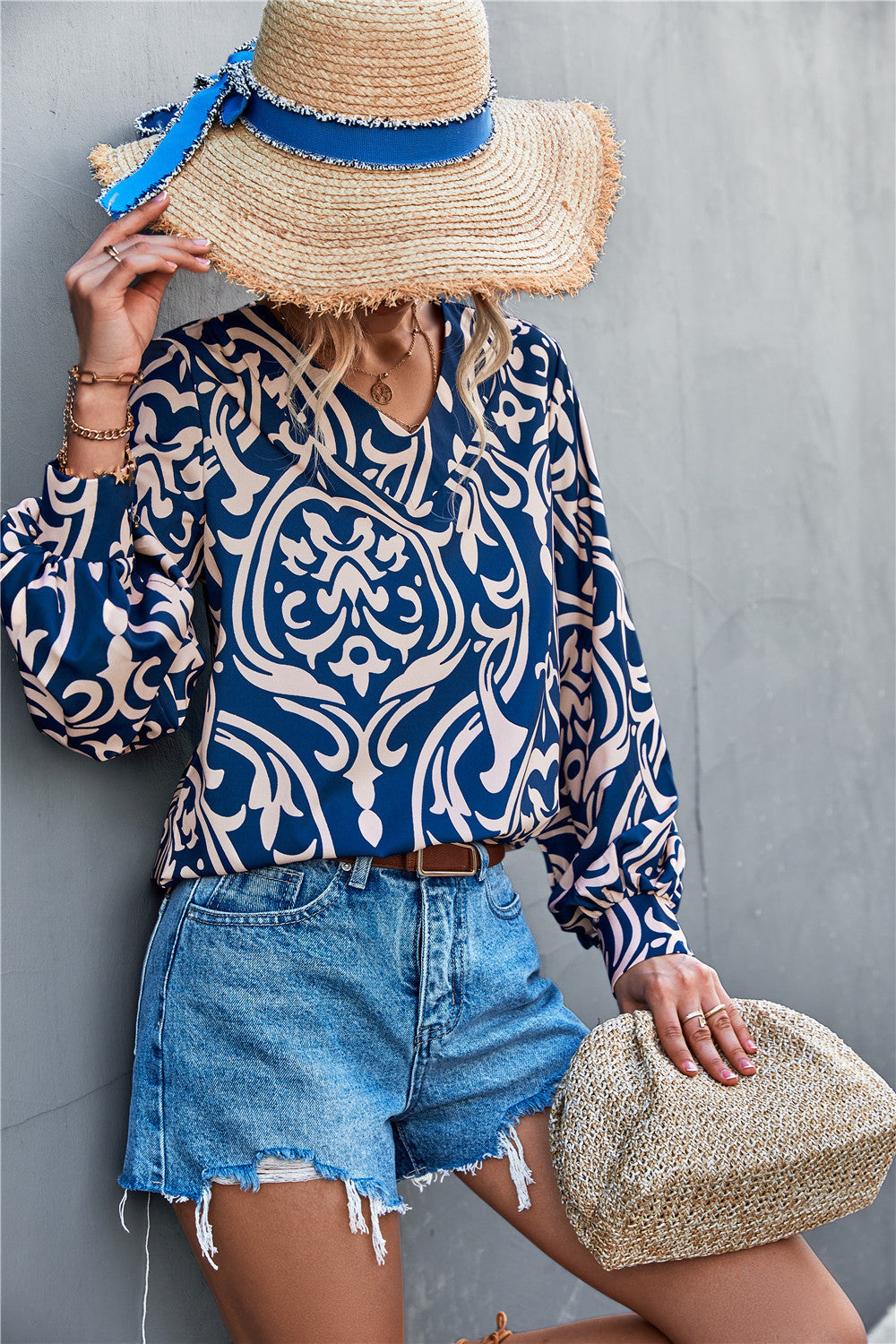 Women's Blouse with Elegant Baroque Pattern and Puff Sleeves