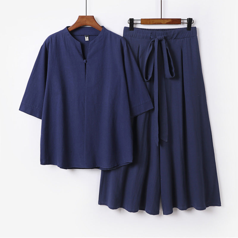 Women's Casual Linen-Viscose Lounge Set with Stand Collar Top and Wide Palazzo Pants