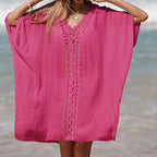Women's Elegant Beach Poncho with Crochet Accents and Deep V-Neck