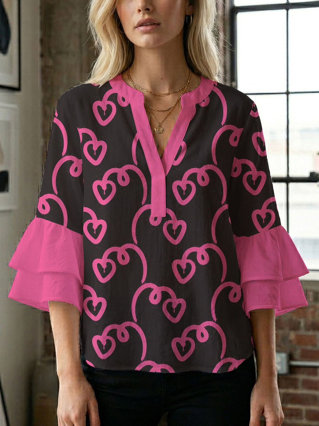 Women's Blouse Shirt with Voluminous Sleeves and Creative Print Design