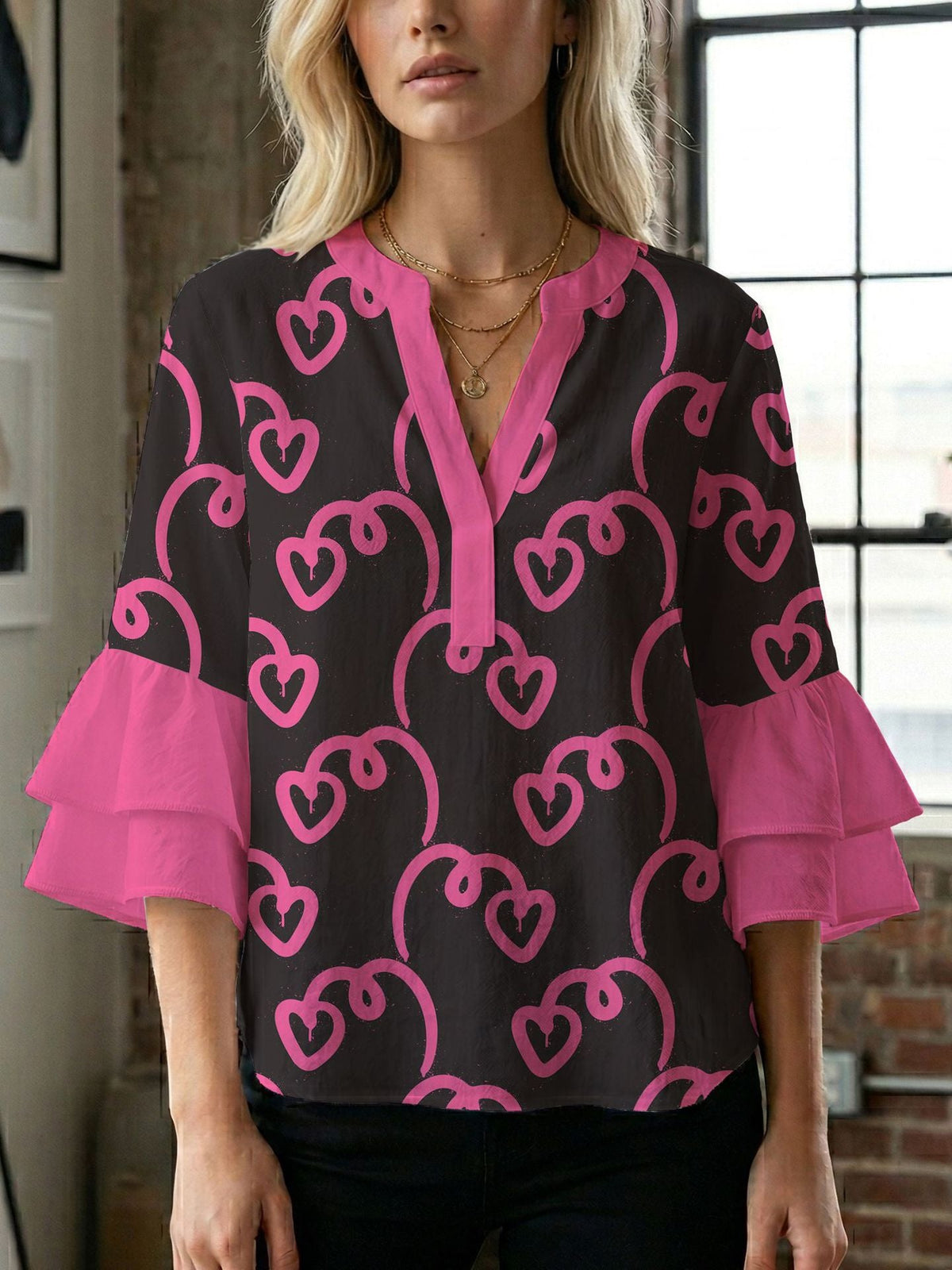 Women's Blouse Shirt with Voluminous Sleeves and Creative Print Design