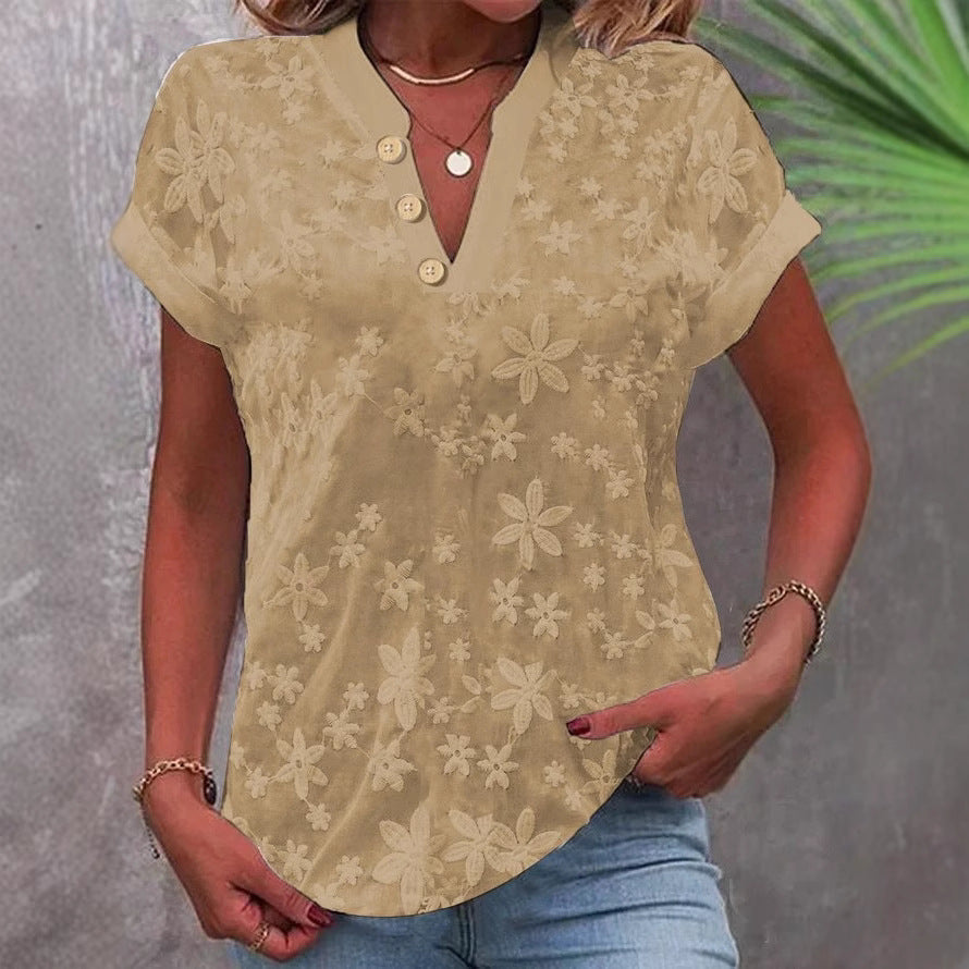 Women's Blouse with Floral Embroidery and Classic V-Neck