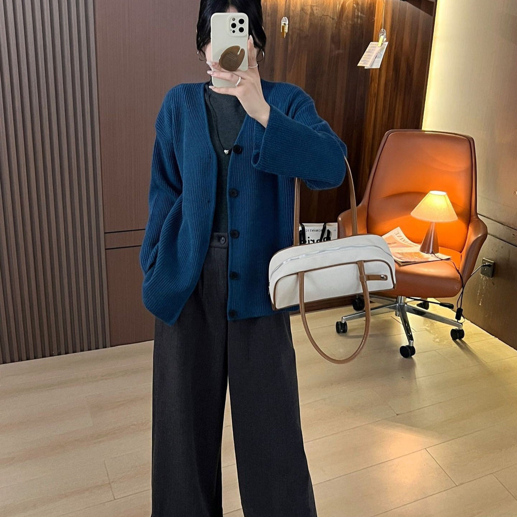 Women's Chunky Knit Cardigan with Drop Shoulders and Button Closure