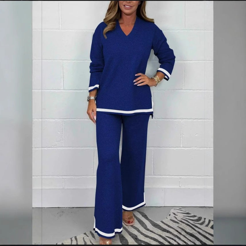 Women's Casual Knit Set with Wide Cut and Elegant Contrasts