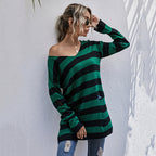 Women's Striped Oversized Sweater with Deep V-Neck and Trendy Cut-Outs