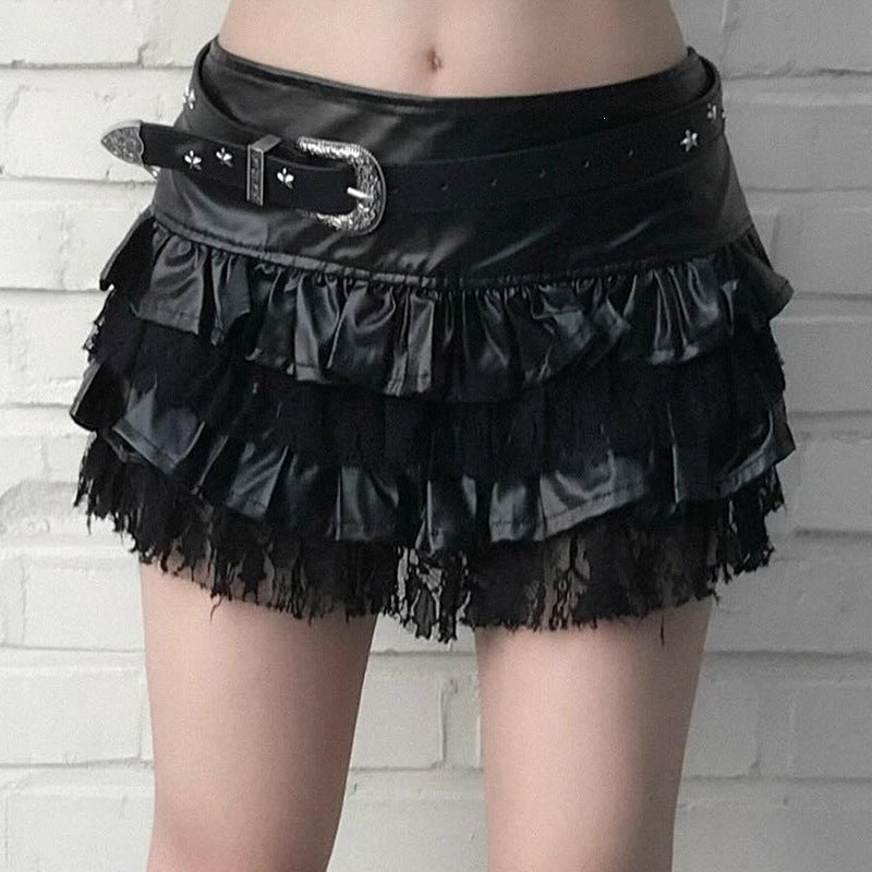 Women's Mini Skirt with Ruffle Details and Lace Accents