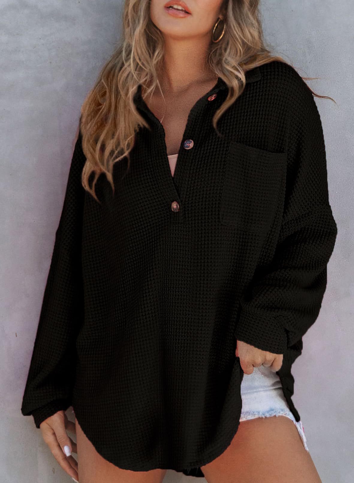 Women's Casual Waffle Texture Shirt with Button Placket and Chest Pocket