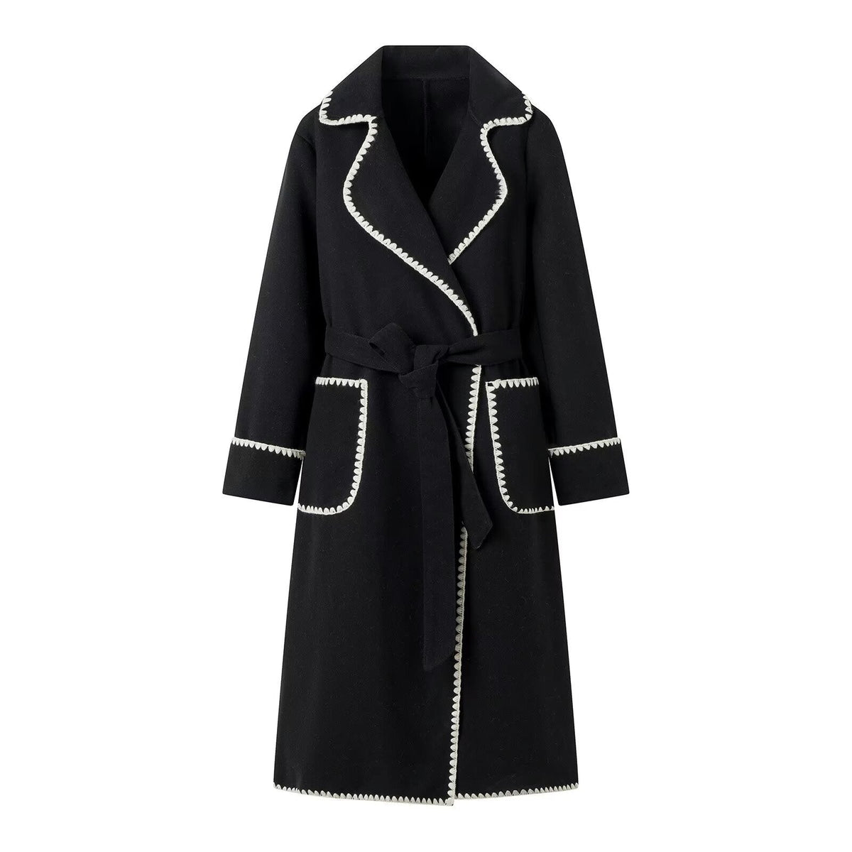 Elegant Trench Coat with Decorative Contrast Trim and Pockets