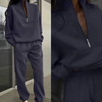 Women's Casual Tracksuit with High Collar and Half-Zip