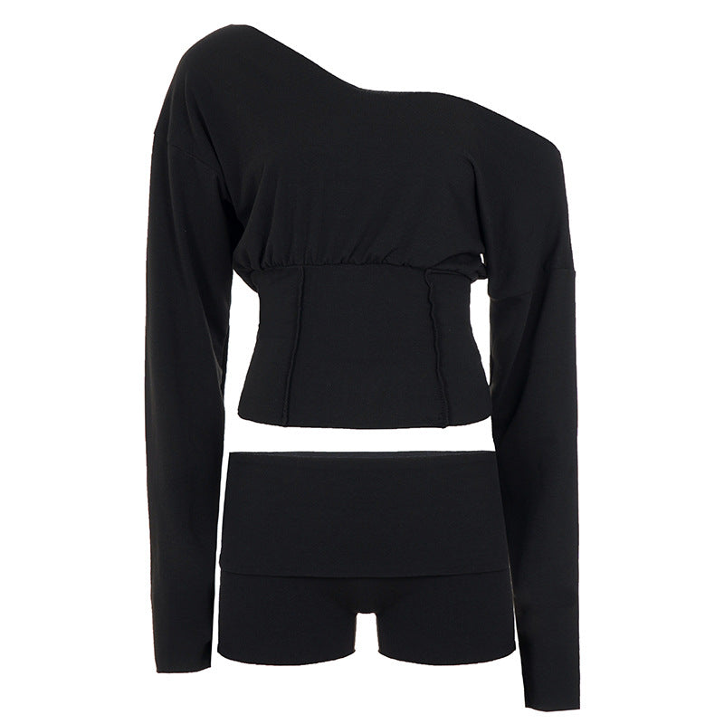 Asymmetrical One-Shoulder Lounge Set with Crop Top and Cuffed Shorts