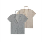 Women's Short-Sleeve Blouse with V-Neck and Tie Belt