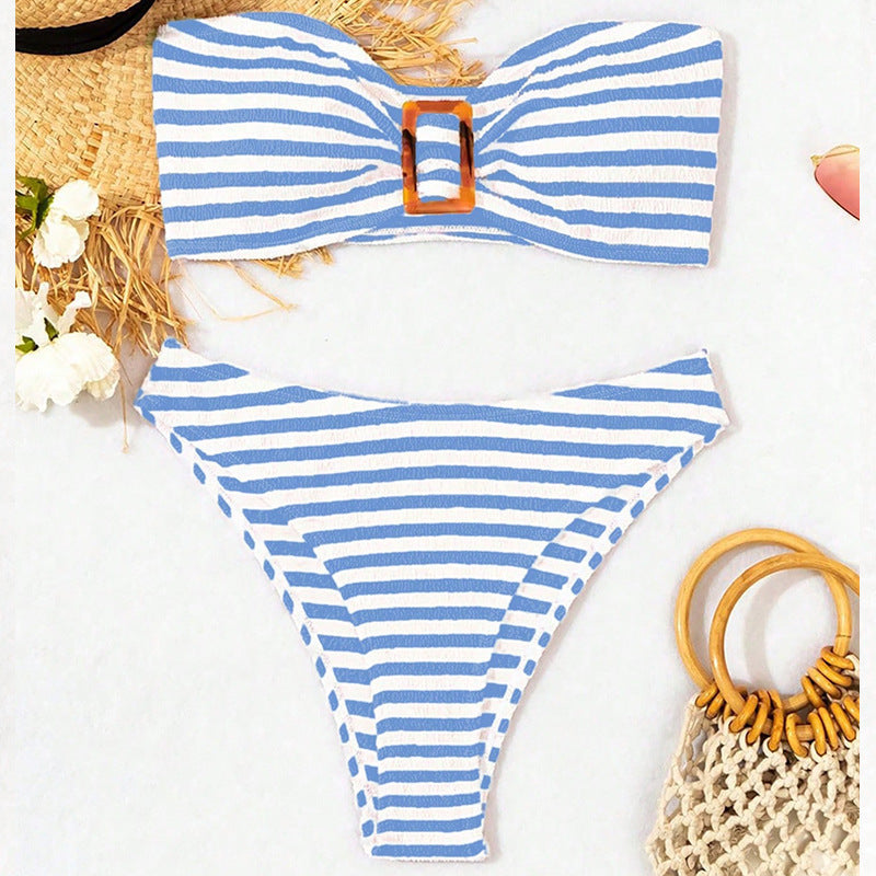 Women's Bandeau Bikini with Fashionable Ring Detail and High-Cut Legs