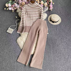 Women's Elegant Striped Knit Ensemble with High Collar and Wide Leg