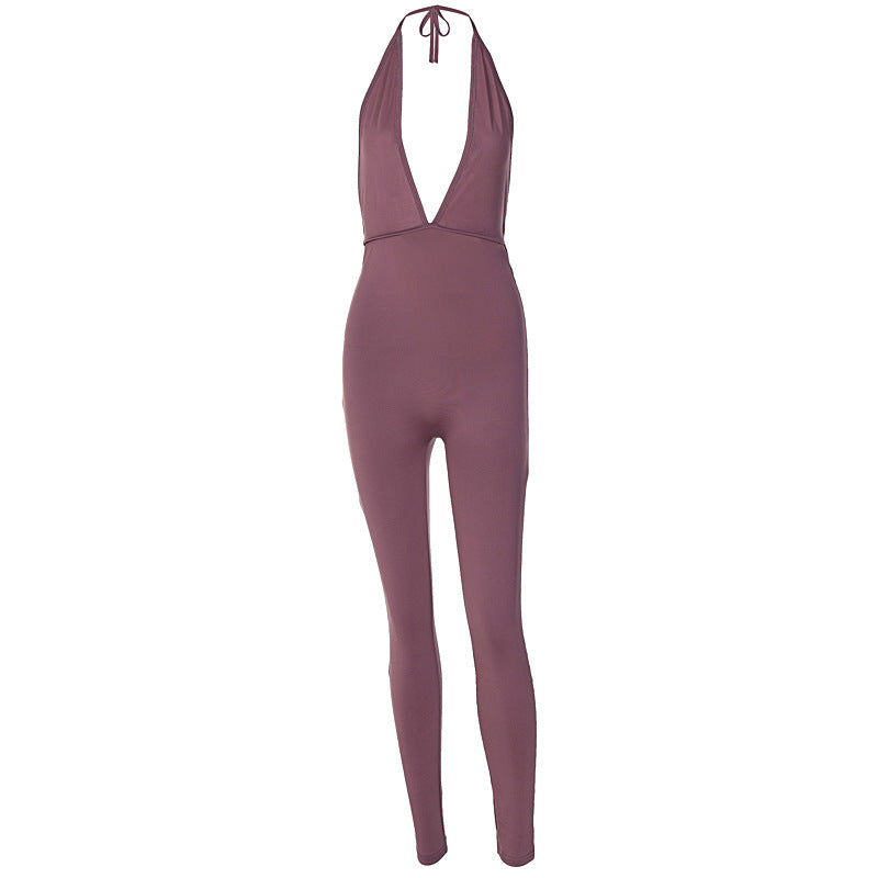 Elegant Jersey Jumpsuit with Deep Neckline and Tie Straps