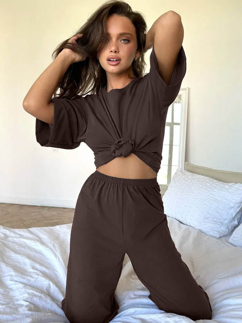 Women's Loose Lounge Set with Knot Details and Elastic Waist