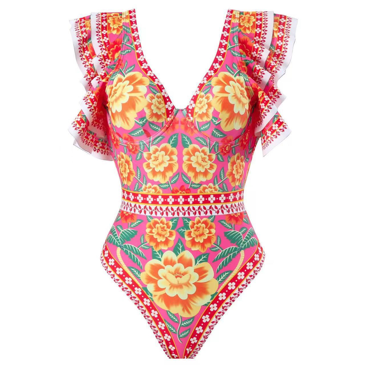 Women's Swimsuit with Fashionable Ruffle Details and Floral Wrap Skirt