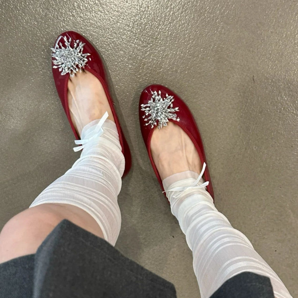 Women's Ballet Flats with Unique Floral Decor and Glossy Finish