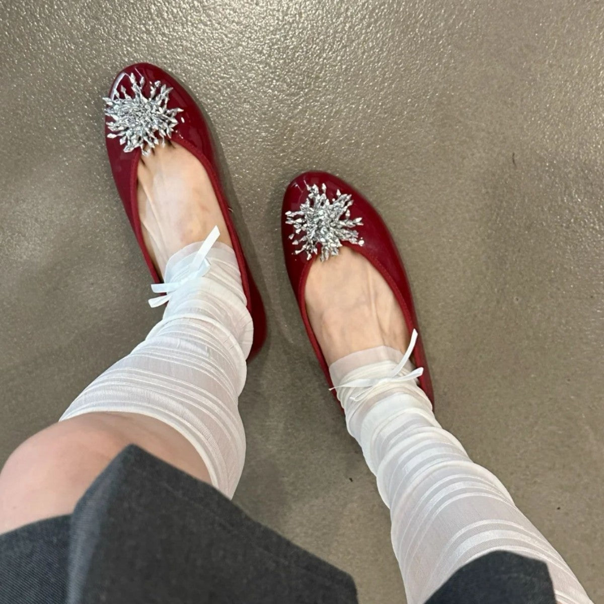 Women's Ballet Flats with Unique Floral Decor and Glossy Finish