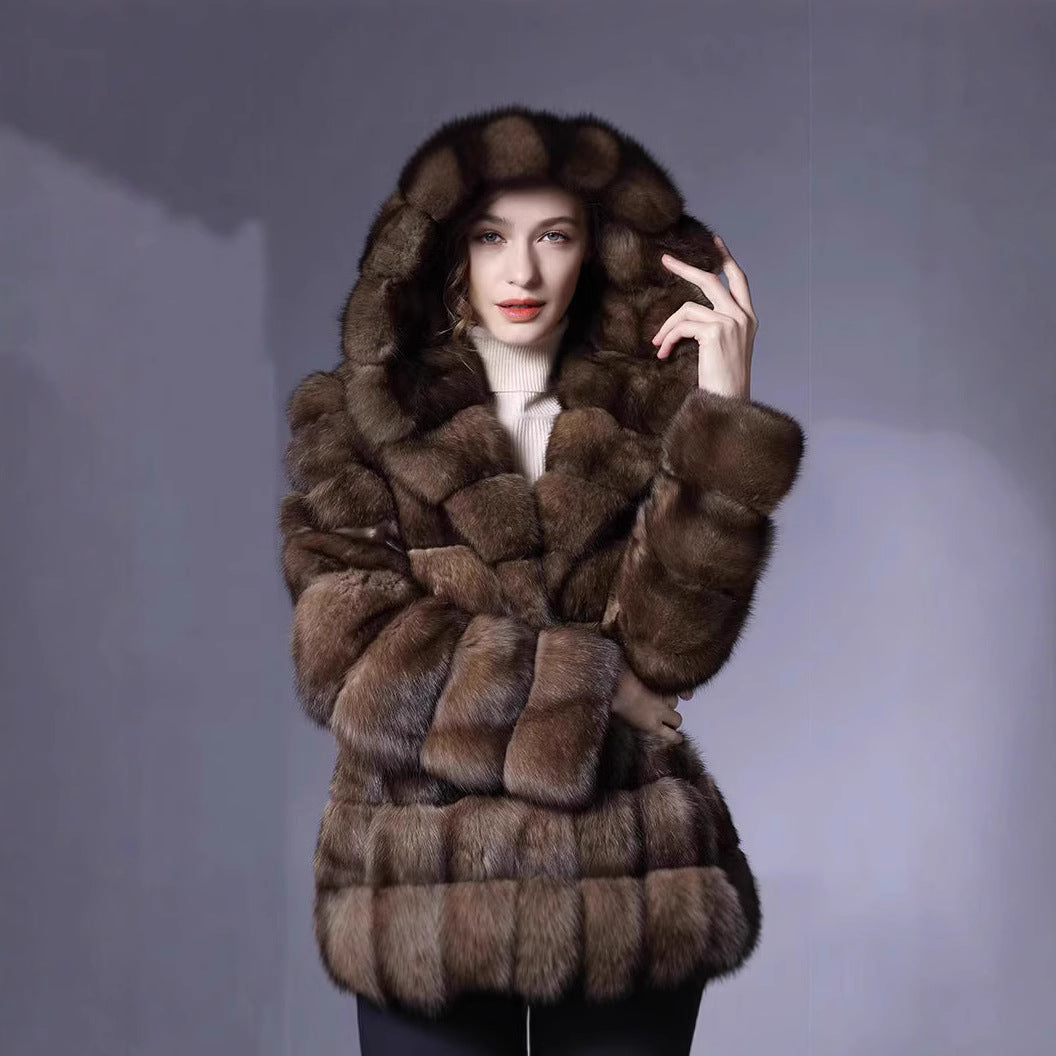 Women's Luxurious Faux Fur Coat in Fashionable Patchwork Design