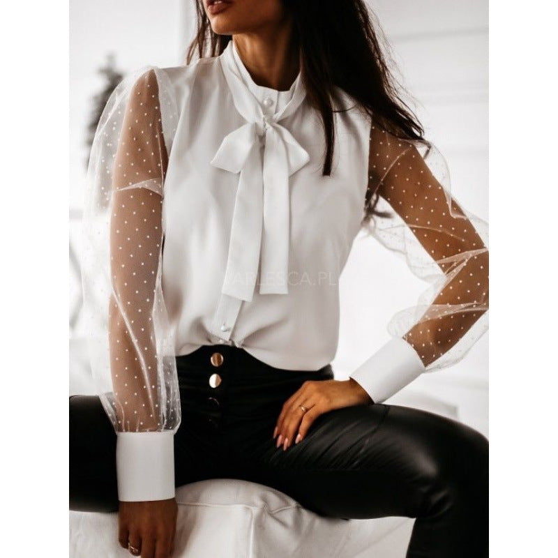 Women's Blouse with Sheer Puff Sleeves and Delicate Bow Detail
