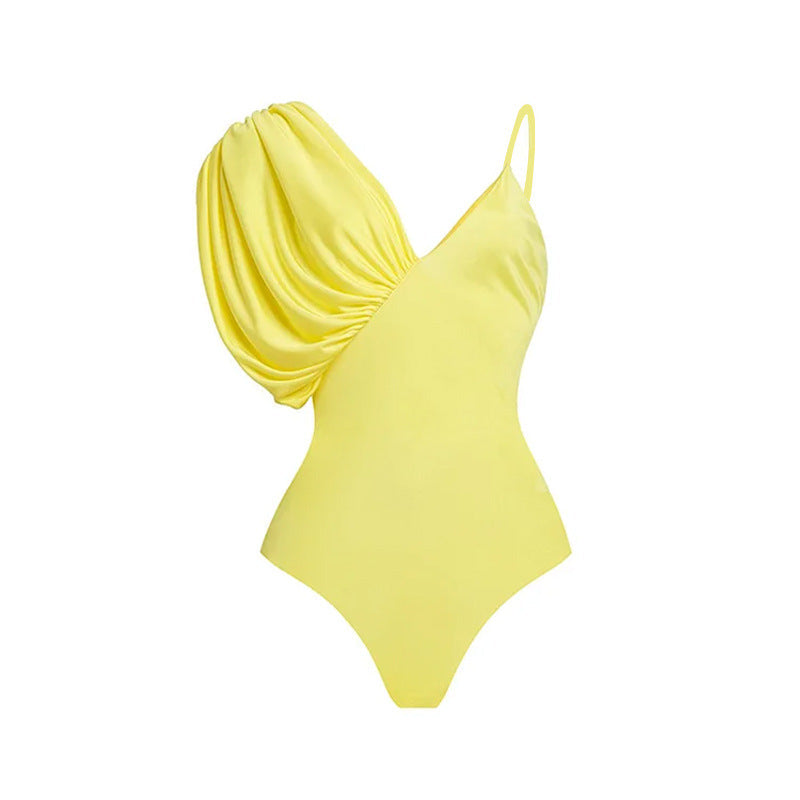 Women's Asymmetrical One-Piece Swimsuit with Voluminous Puff Sleeves