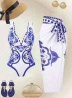 Women's Jacquard Swimsuit with Wrap Skirt