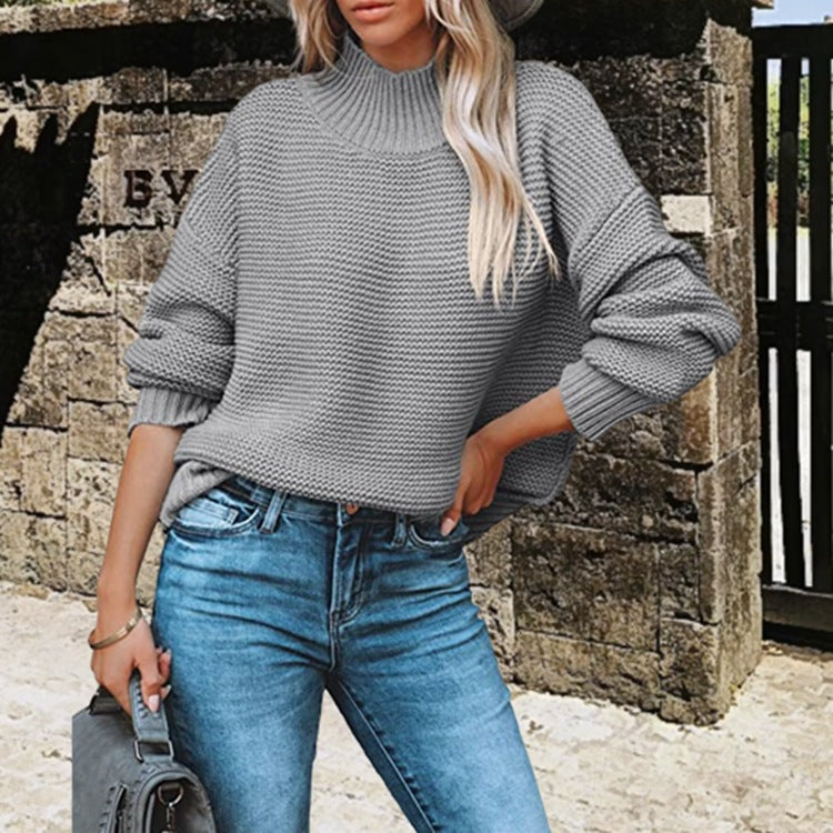 Women's Chunky Knit Sweater with High Collar and Balloon Sleeves