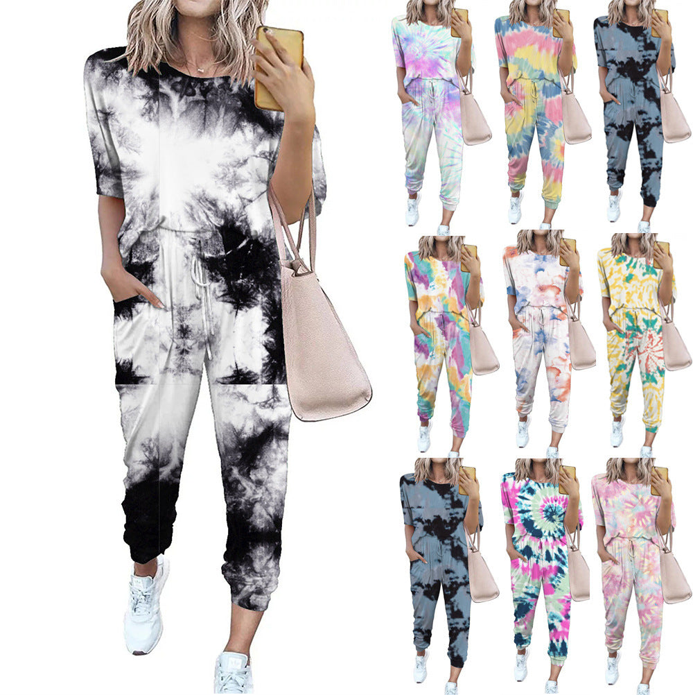 Women's Lightweight Casual Jumpsuit with Tie-Dye Pattern and Pockets