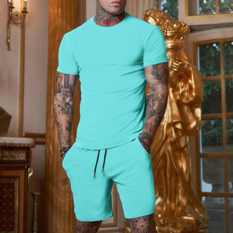 Men's slim Jersey set with round neck shirt and elastic drawstring shorts