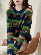 Women's Patterned Knit Sweater with Crew Neck and Soft Fluffy Texture
