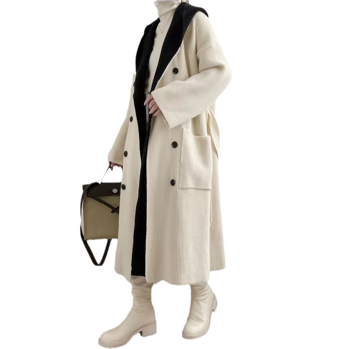 Women's Elegant Long Coat with Belt and Contrasting Sleeves