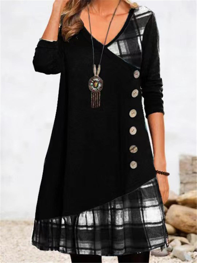 Women's Asymmetrical Casual Dress with Plaid Hem and Button Detail