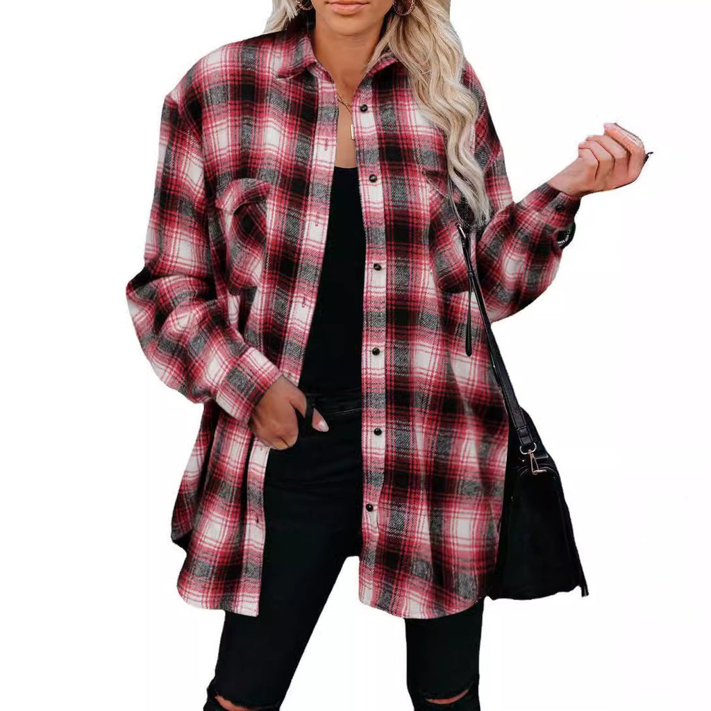 Women's Plaid Cotton Flannel Shirt with Chest Pockets