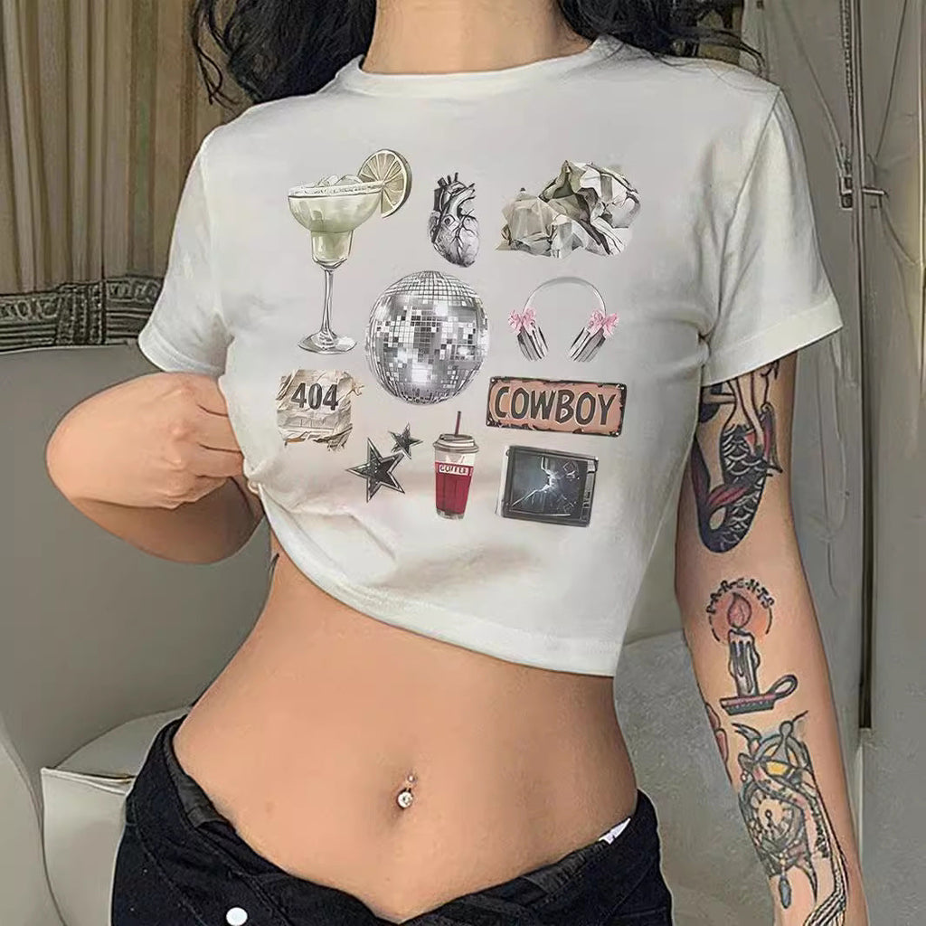 Women's Crop T-Shirt with Graphic Print and Star Design