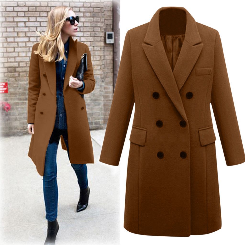 Women's Elegant Double-Breasted Wool Coat with Pockets
