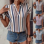 Women's Short-Sleeve Striped Blouse with Elegant Collar