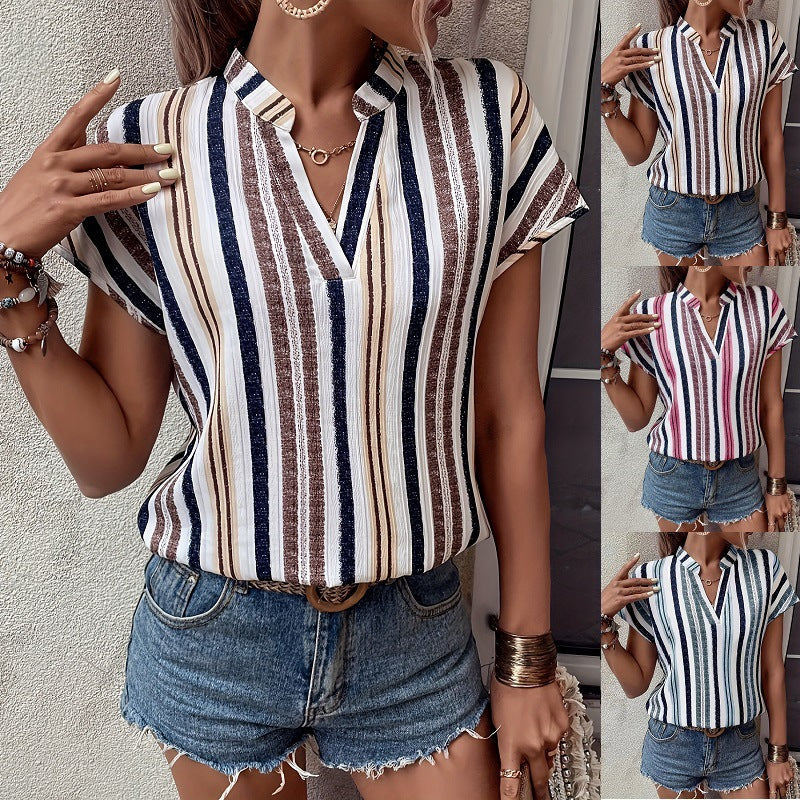 Women's Short-Sleeve Striped Blouse with Elegant Collar