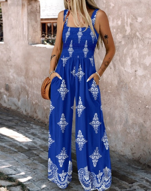 Women's Jumpsuit with Elastic Waist and Floral Details