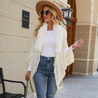 Women's Luxurious Knit Poncho with Faux Fur Collar and Fringe