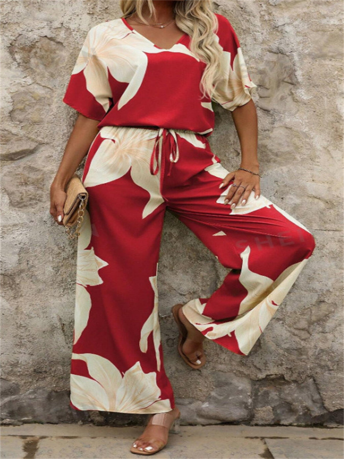 Women's Airy Floral Print Pantsuit with Elastic Waistband