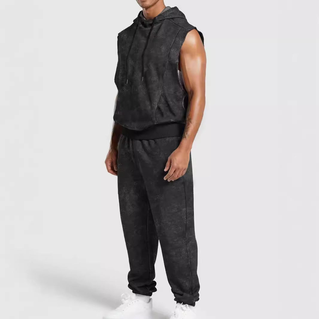 Men's sleeveless hooded sweat set in velour look with elastic joggers and ribbed cuffs